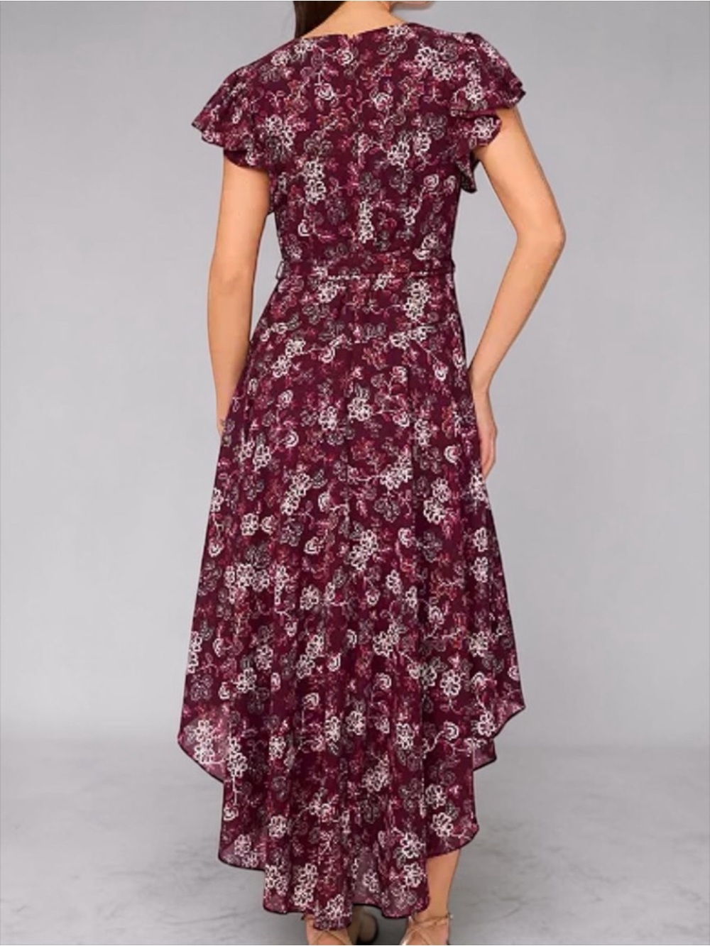 NWT Vince Camuto Floral High Low Maxi Dress Medium Burgundy Flutter Sleeve - Picture 2 of 12